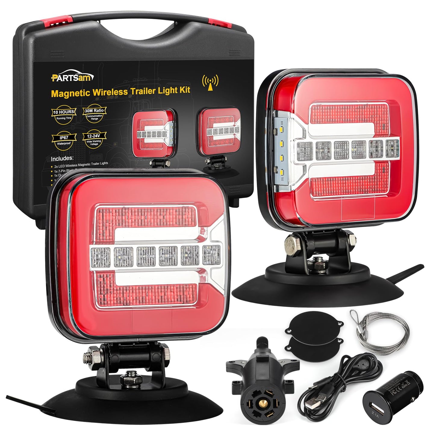 Partsam Wireless LED Trailer Light Kit, Magnetic Stop Turn Reverse Lights, 12-24V, IP67 Waterproof, Red, Standard Size, Metal/Plastic