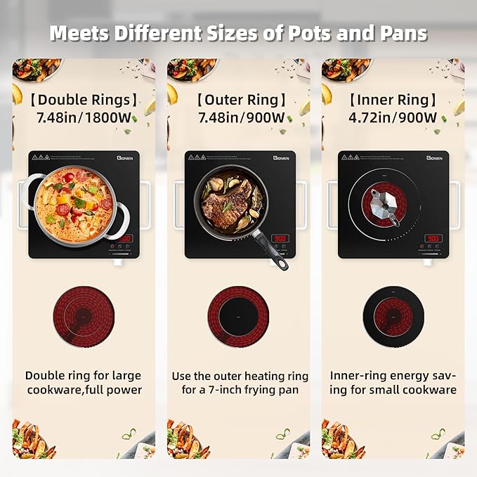 GIONIEN Electric Cooktop 1 Burner 110V, Portable Electric Stove with Handle, Ceramic Countertop Burner, Knob Control, ‌3-hour Timer, Safety Lock,3 Heat Modes,1800W