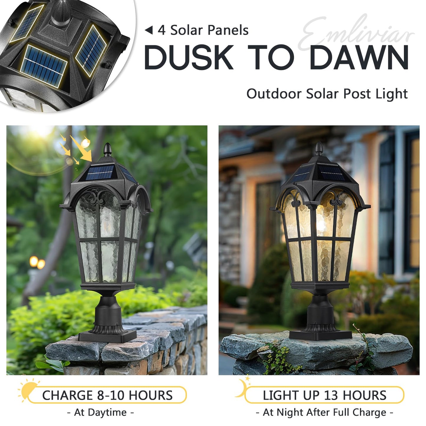 Emliviar Outdoor Solar Lamp Post Light, 22.1in Aluminum, Vintage Design, Black Finish, Water Grain Glass Shade, Model YXE302MP-SL BK