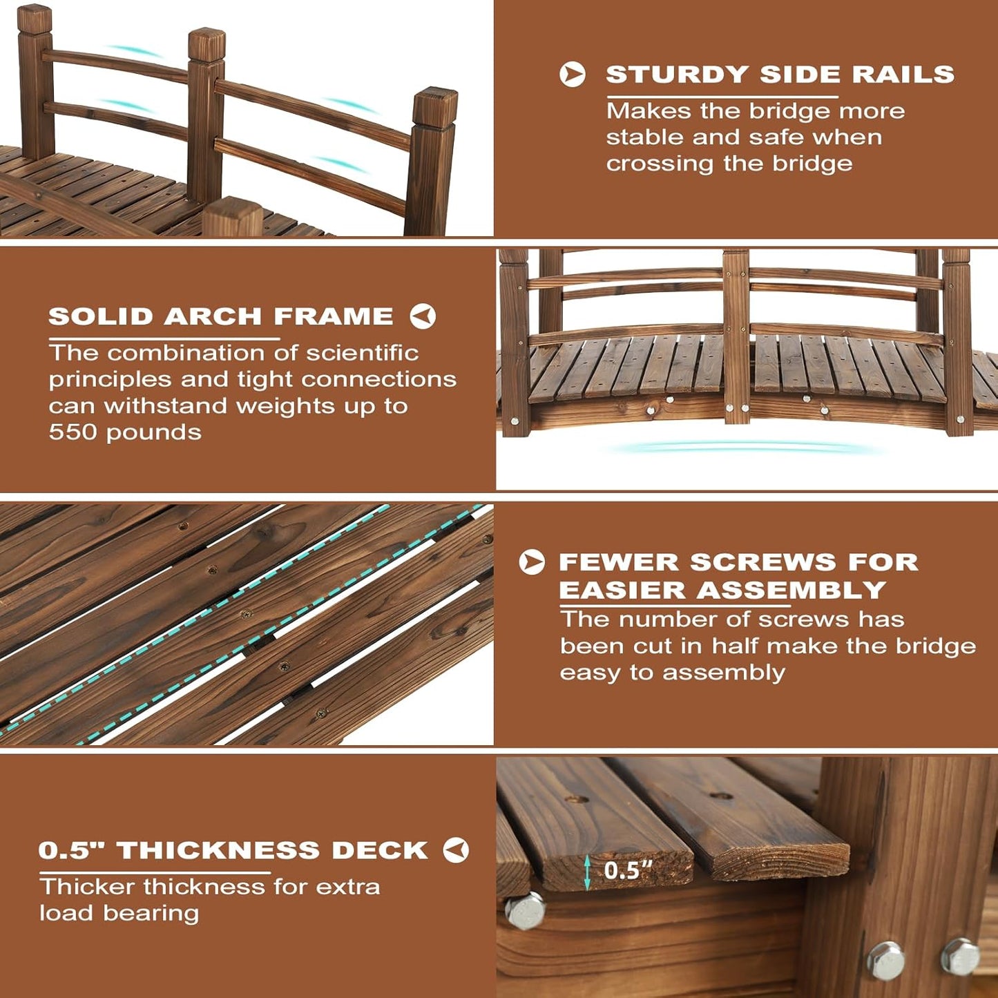 HOMEDIARY Fir Wood Garden Bridge, Outdoor Stained Finish Arc Footbridge Walkway with Double Safety Railings, Decorative Pond Bridge Landscaping for Backyard Farm Garden Creek Pond Decor, Carbonized