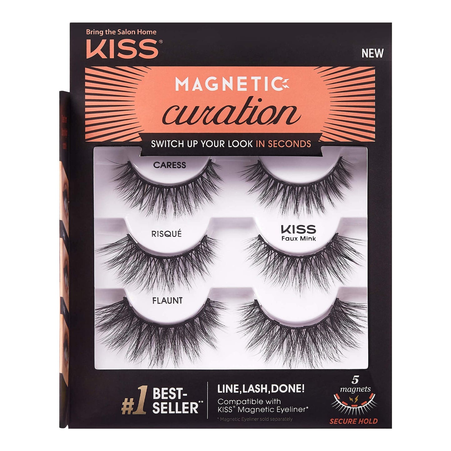 KISS Magnetic Curation False Eyelashes, 3 Pair with 5 Double Strength Magnets, Wind Resistant, Dermatologist Tested, Last Up To