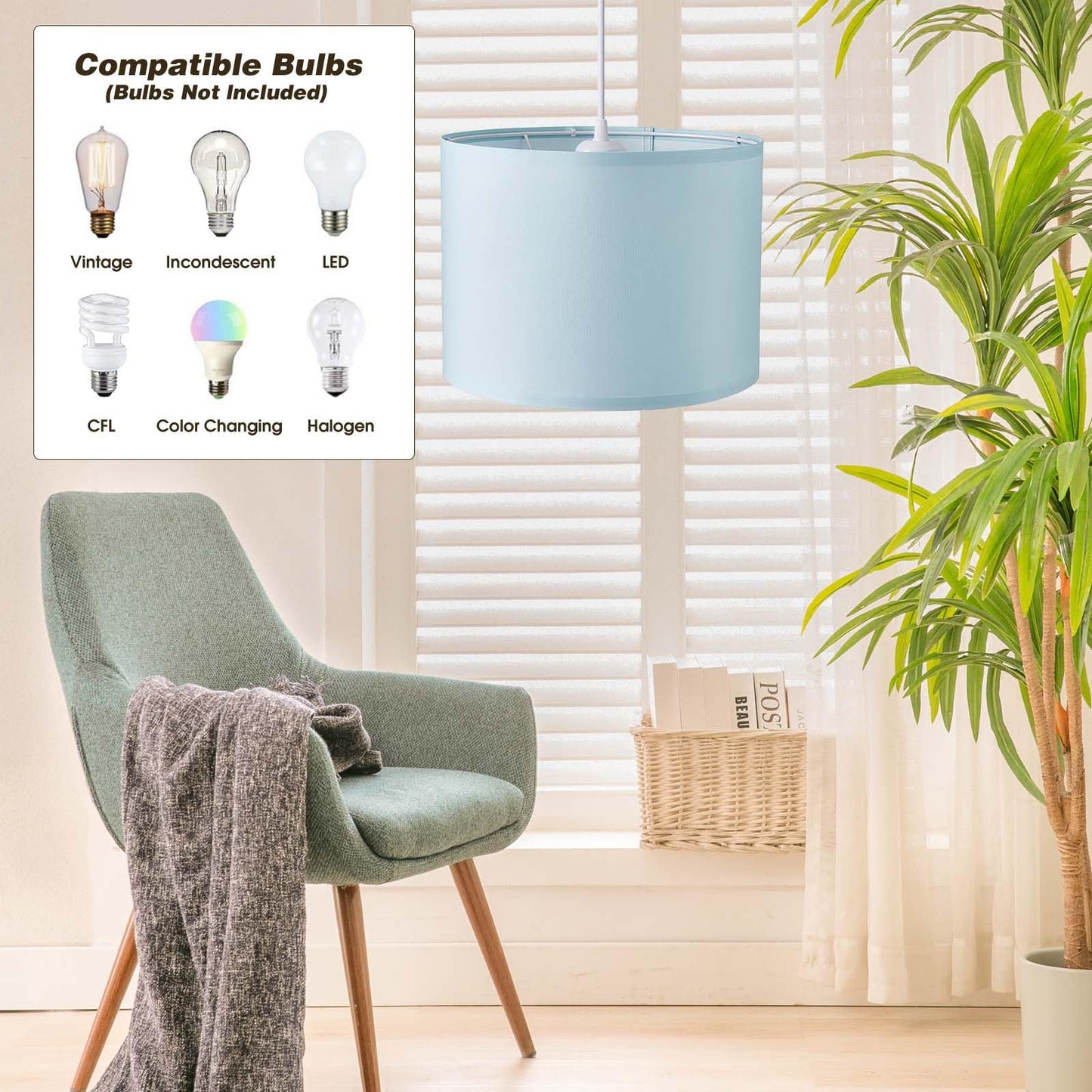KUAUGST Plug in Pendant Light, 15 FT Hanging Lamp with Fabric Shade, Blue, Metal, Model: Plug in Pendant Light-05