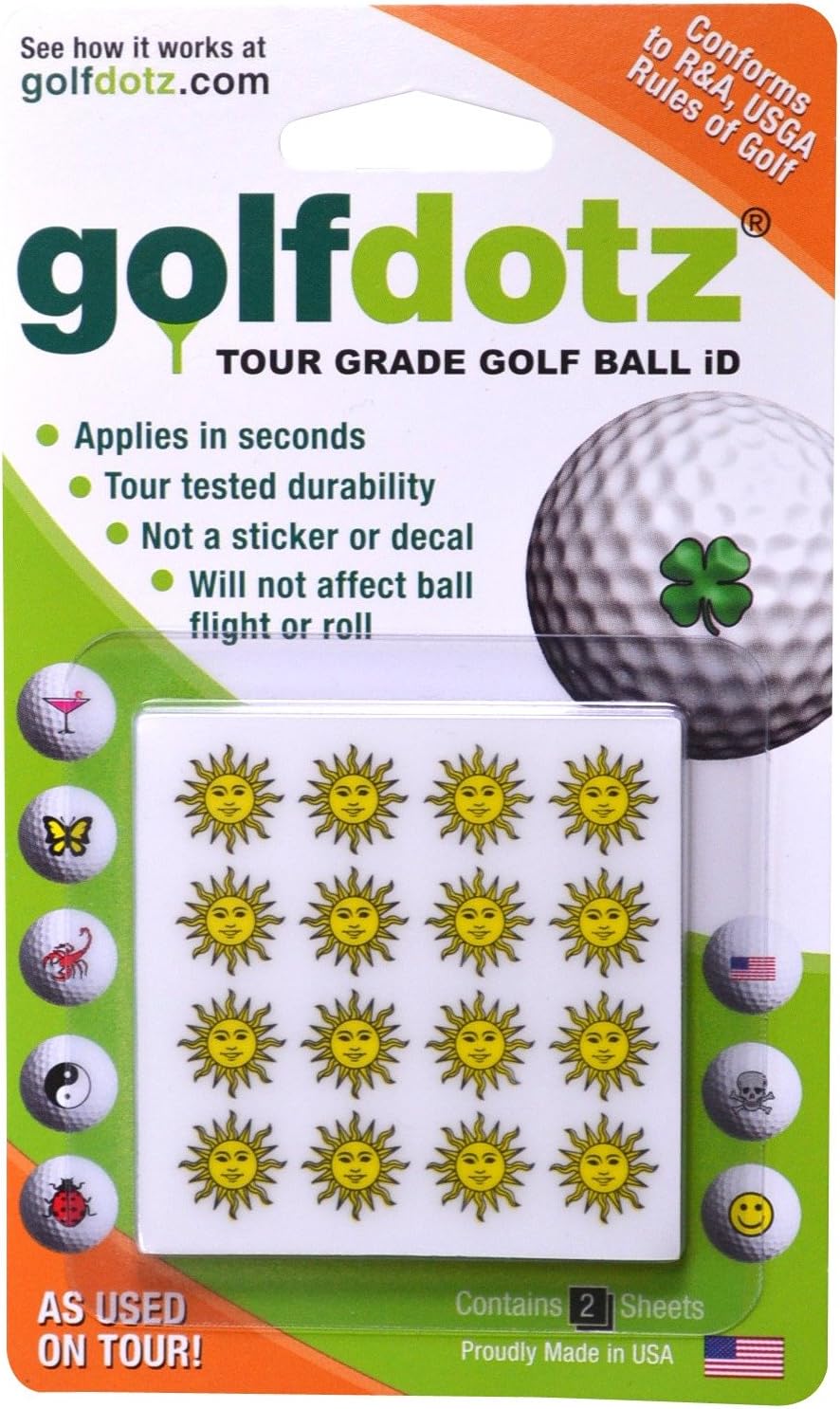 Golfdotz - USGA Rule Conforming Golf Ball Markers, Golf Ball Stickers for Marking Balls, No More Smearing from Stamps, Gifts for Golfers, Dads, and Retirees, (Tropical Collection; 18-32 Count)