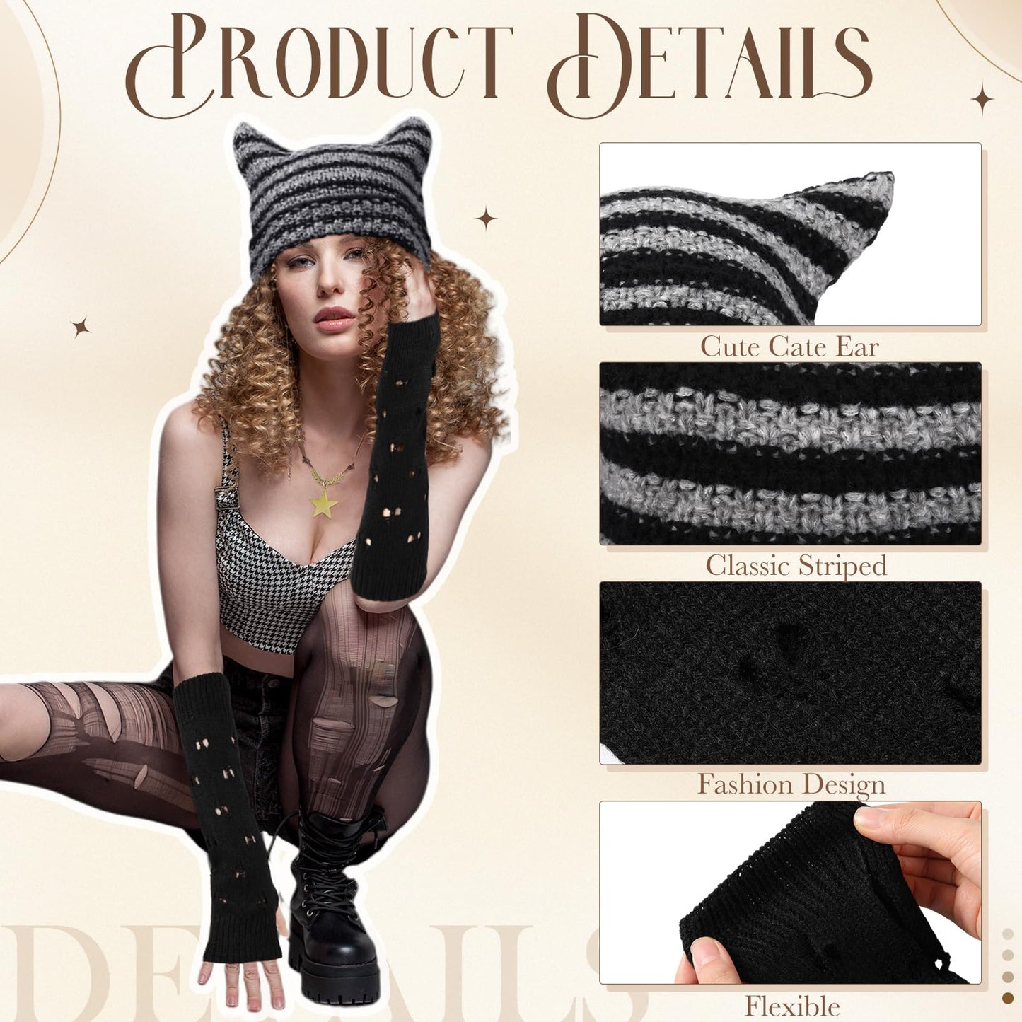 JaGely 4 Pcs Therian Grunge Emo Accessories for Women Cat Beanie Fairy Ripped Gloves Y2k Necklace Fairycore Bracelets Jewelry(Black)