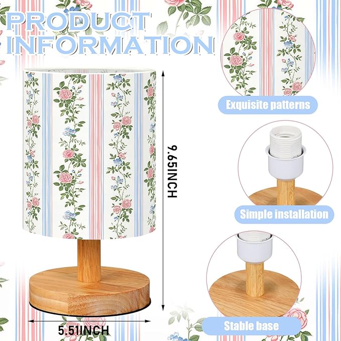 VIHOSE Preppy Kids Table Lamp for Bedroom Kids Bedside Lamp with Linen Wooden Nightstand Cartoon Nursery Lampshade for Girls Boys Living Room