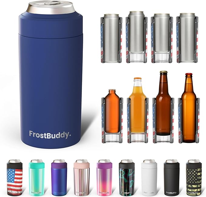 Frost Buddy Universal Can Cooler - Fits All - For Regular 12 & 16 oz or Slim-Size Bottles - Insulated Double-Walled Stainless Steel (Navy)