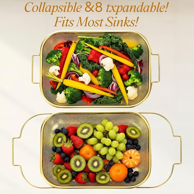 3 Pcs Gold over the Sink Colander and Strainer for Kitchen, Sink Strainer Basket, Collapsible Basket for Kitchen, Fruit Pasta Food Expandable Plastic Colander with Drain Stainless Steel