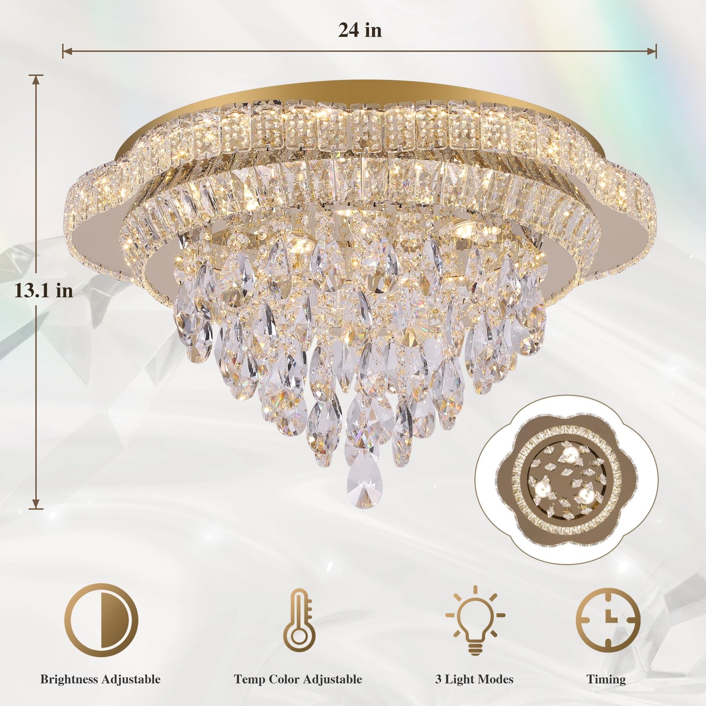 OSGNER 24in Gold Crystal LED Flush Mount Chandelier with Remote Control, 3-Color Dimmable, Modern Flower Design, Model X505-24-GD