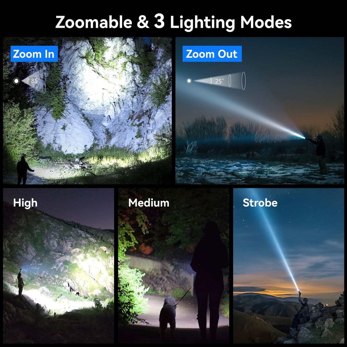 LETMY Rechargeable Flashlights, 2000 Lumens LED, 3 Modes, 2 Pack, Waterproof, Black