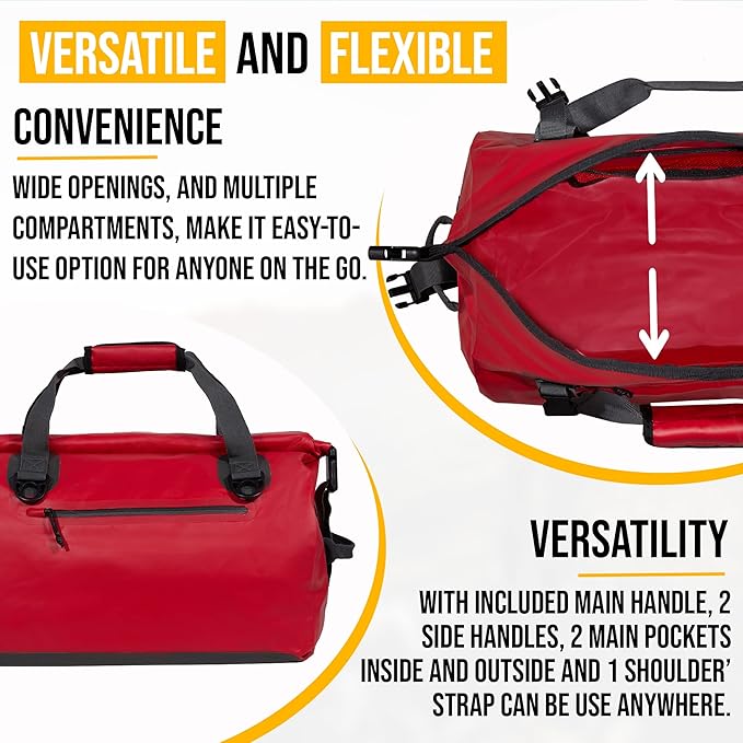 LEGEND Waterproof Duffel Bag - Heavy Duty Duffle Bag for Outdoor, Camping, Boating & Travel, Premium PVC Dry Duffel Bag, Motorcycle Dry Bag with Durable Strap & Handles with Large Storage - 60L Red
