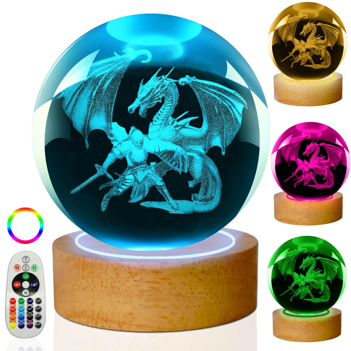 LINSINA Dragon Lamp - 16 Colors Crystal Ball Night Light with Wooden Base, Remote Control, Model: lamp-01, Color: Dragon and Knight