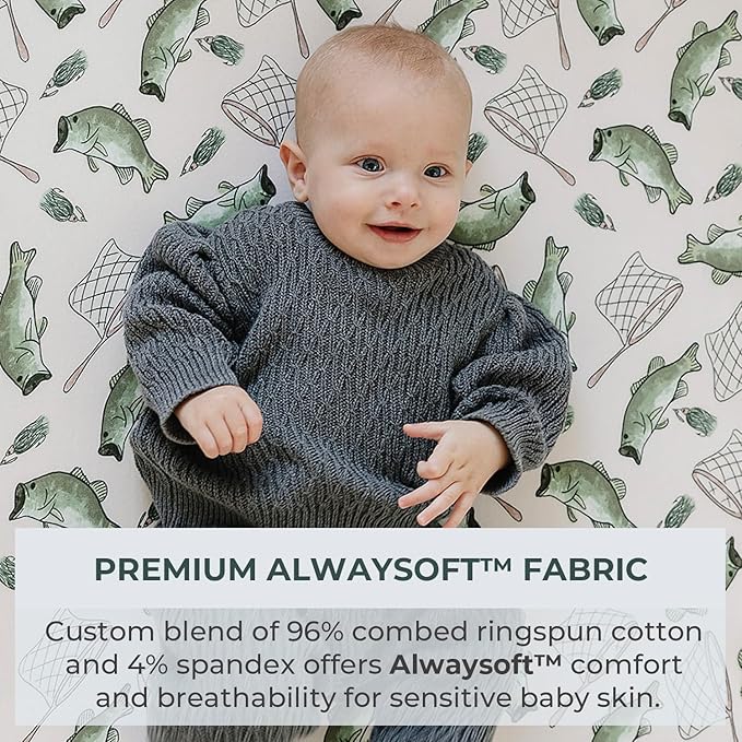 Pobibaby – 2 Pack Pack N Play Sheets and Mini Crib Sheets, Premium Fitted Pack N Play Sheets for Standard Playards and Mini Cribs – Ultra-Soft Jersey Knit, Safe and Snug for Baby (Gone Fishing)