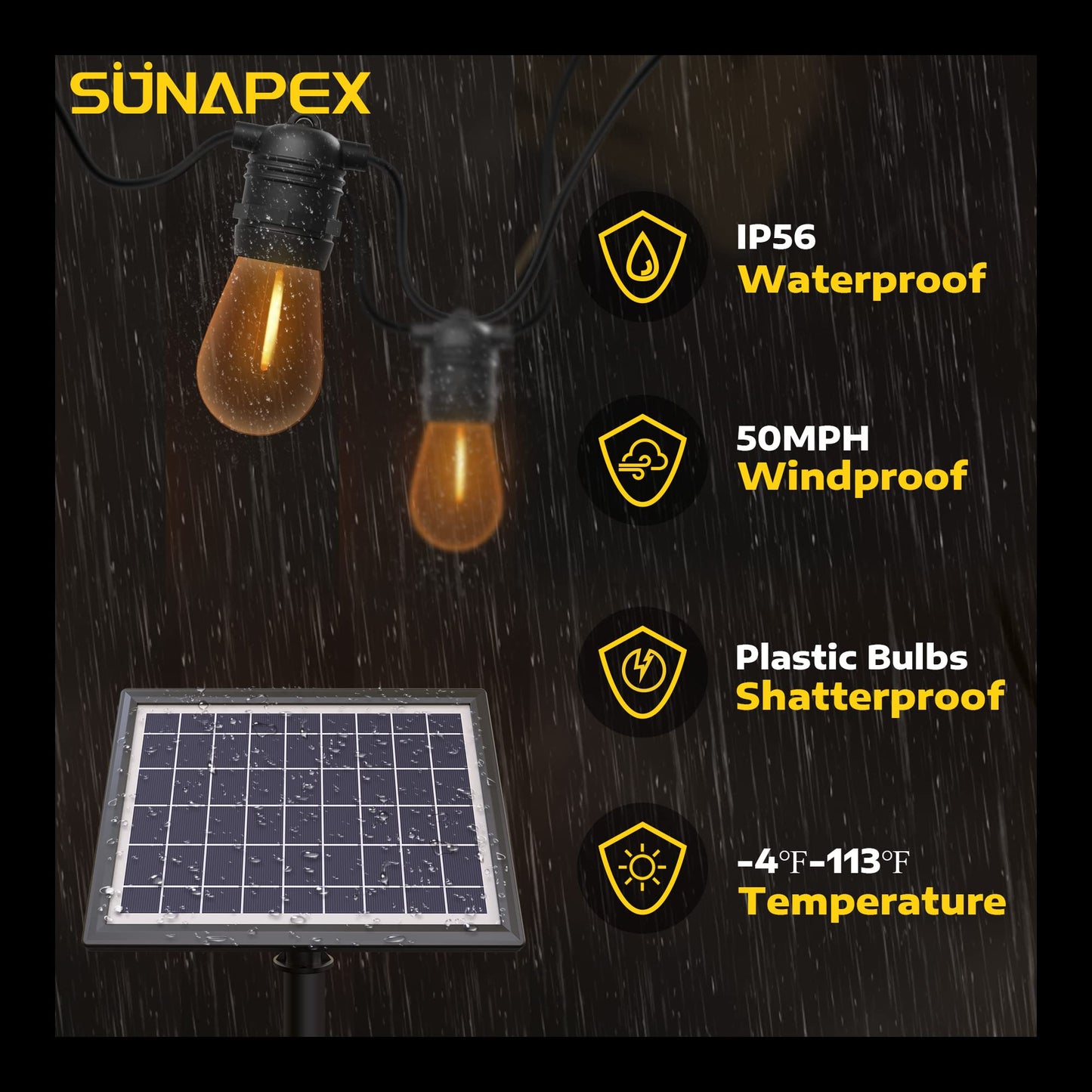 SUNAPEX Solar String Lights Outdoor Waterproof 96FT with Shatterproof Edison Bulbs Yellow 2700K