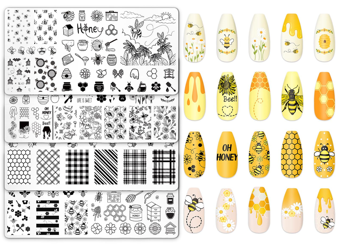JarThenaAMCS 4Pcs Bee Nail Plates Stamping Set Honeycomb Floral Stamp Templates Nail Art Plates for Spring Summer DIY Print Mani