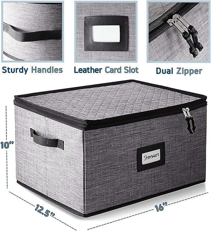 Hearth & Harbor Wine Glass Storage Box with Dividers, Quilted and Stackable Stemware Storage Cases, Service of 12 Glass China Container Hard Shell for Moving and Organization, Grey