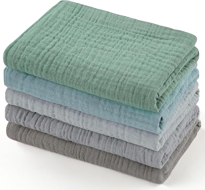 MUKIN Baby Washcloths,Muslin Burp Cloths Towels for Newborns,Absorbent Cotton Bath Face Towel ，5 Pack, 12x12 Inches (Coastal Calm)