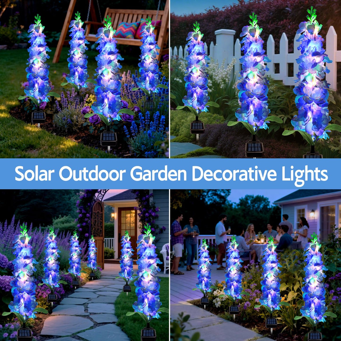 Mrhephaestus Solar Garden Lights  Solar Blue Delphinium Flowers Lights 8 Pack 160 Leds  Waterproof Outdoor Light Two Lighting Modes For Outside Wedding Party Garden Yard Patio Lawn Decor