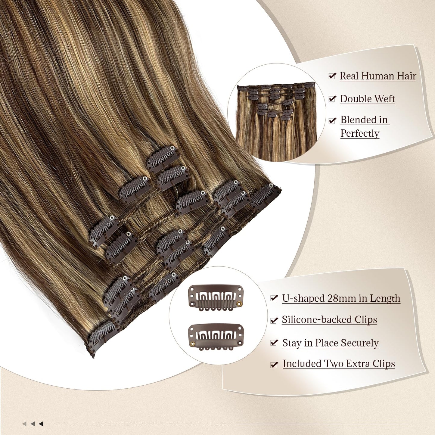 Licoville Clip in Hair Extensions Real Hair Blonde Highlight Human Hair Clip ins 15 Inch 70grams 7pcs Full Thick Medium Brown wi