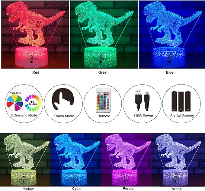 easuntec Dinosaur Toys 3D Night Light with Remote & Smart Touch 7 Colors + 16 Colors Changing Dimmable TRex Toys 1 2 3 4 5 6 7 8 Year Old Boy or Girl Gifts (TRex 16WT)