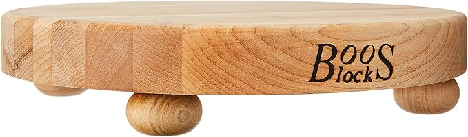 John Boos B Series Round Wooden Maple Cutting Board 12”x12” – 1.5” Thick, 12-lb Non-Reversible Butcher Block with Wood Bun Feet & Edge-Grain