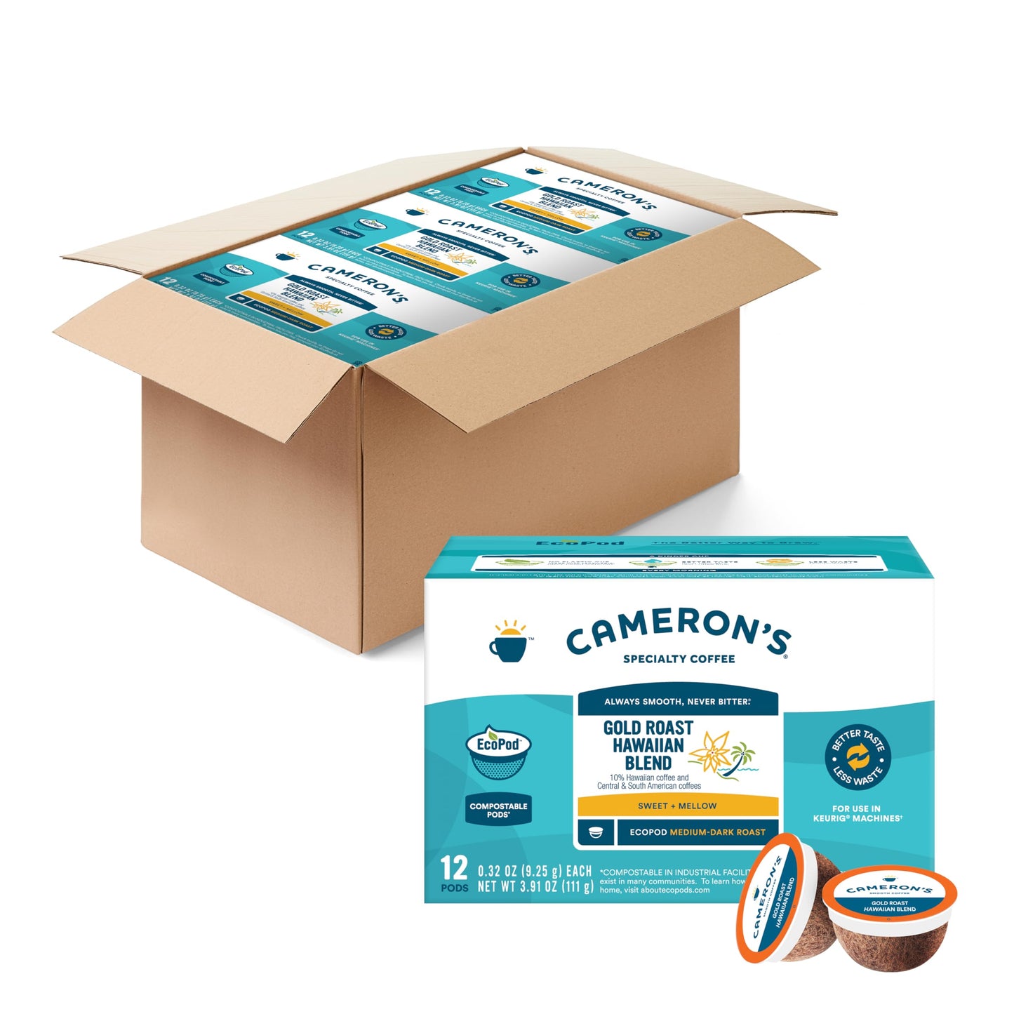 Cameron s Coffee Gold Roast Hawaiian Blend Single-Serve Pods, Medium-Dark Roast, 100% Arabica, 12-Count (Pack of 6)