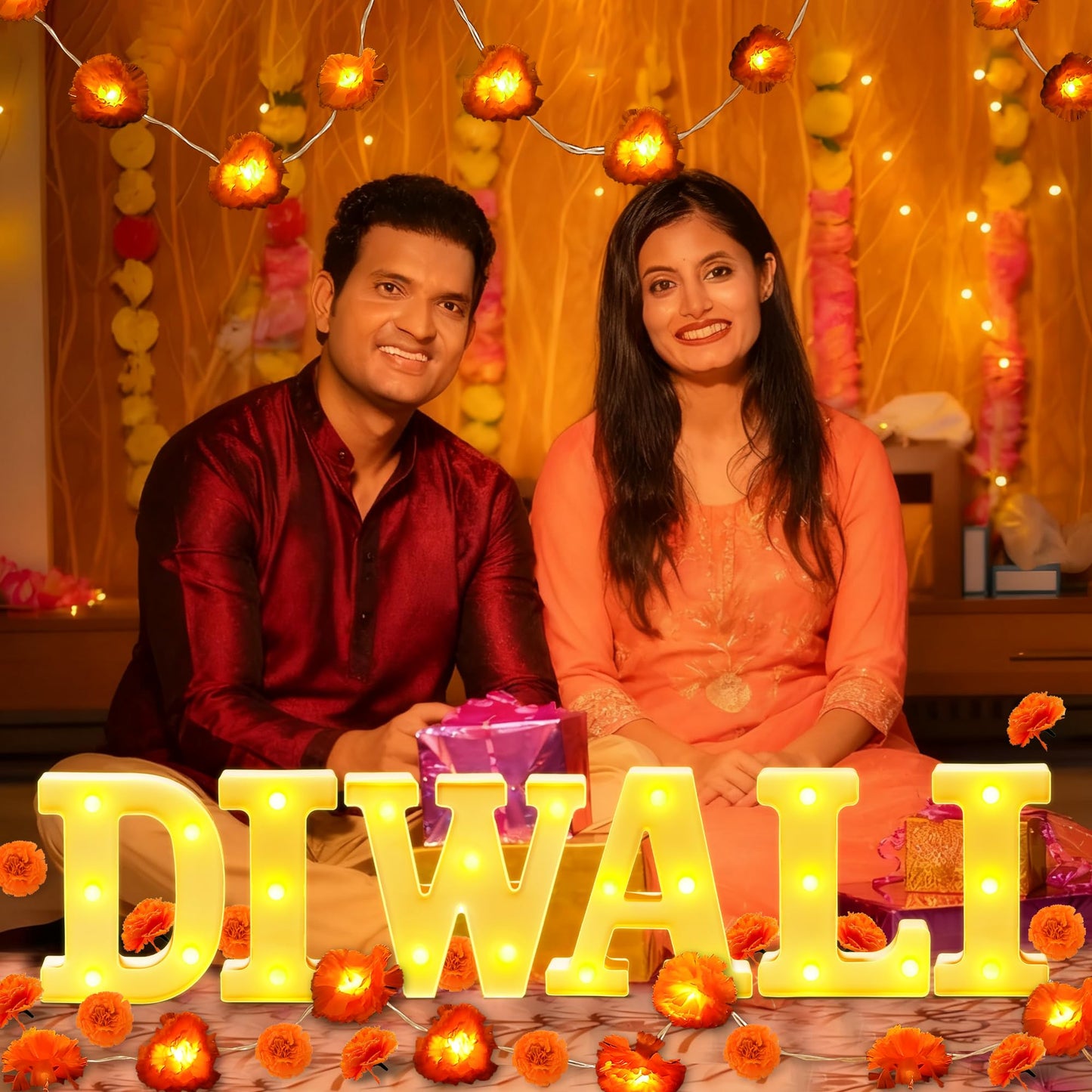 28Pcs Diwali Light Up Letters  6.3 Inch Led Letters Diwali Decor With Led Artificial Lighted Marigold Garland  Mandir Decoration For Indian Hindu Puja Party Festival Gifts(Battery Not Included)