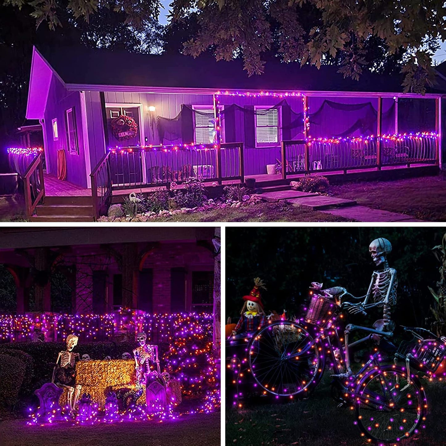 BHCLIGHT Solar String Lights, 200LED, 80FT, Waterproof, Purple & Orange, 8 Modes, Halloween 2 Pack