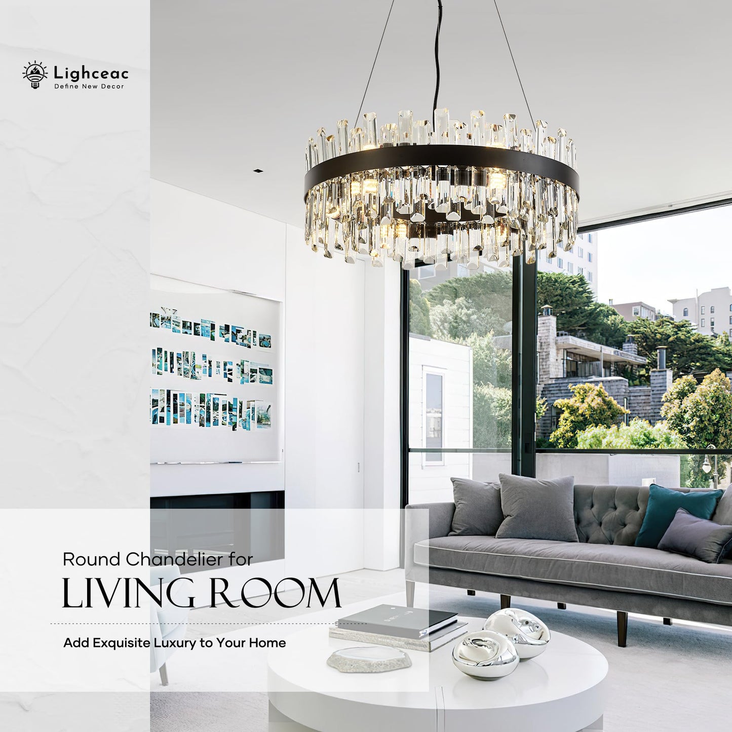 Lighceac 21.7 Black Modern Crystal Chandelier Light Fixtures stylish 2 Ring Crystal Chandeliers For Dining Room 12-Light Round Hanging Pendant Lighting For Living Room Kitchen Island Entryway Bedroom