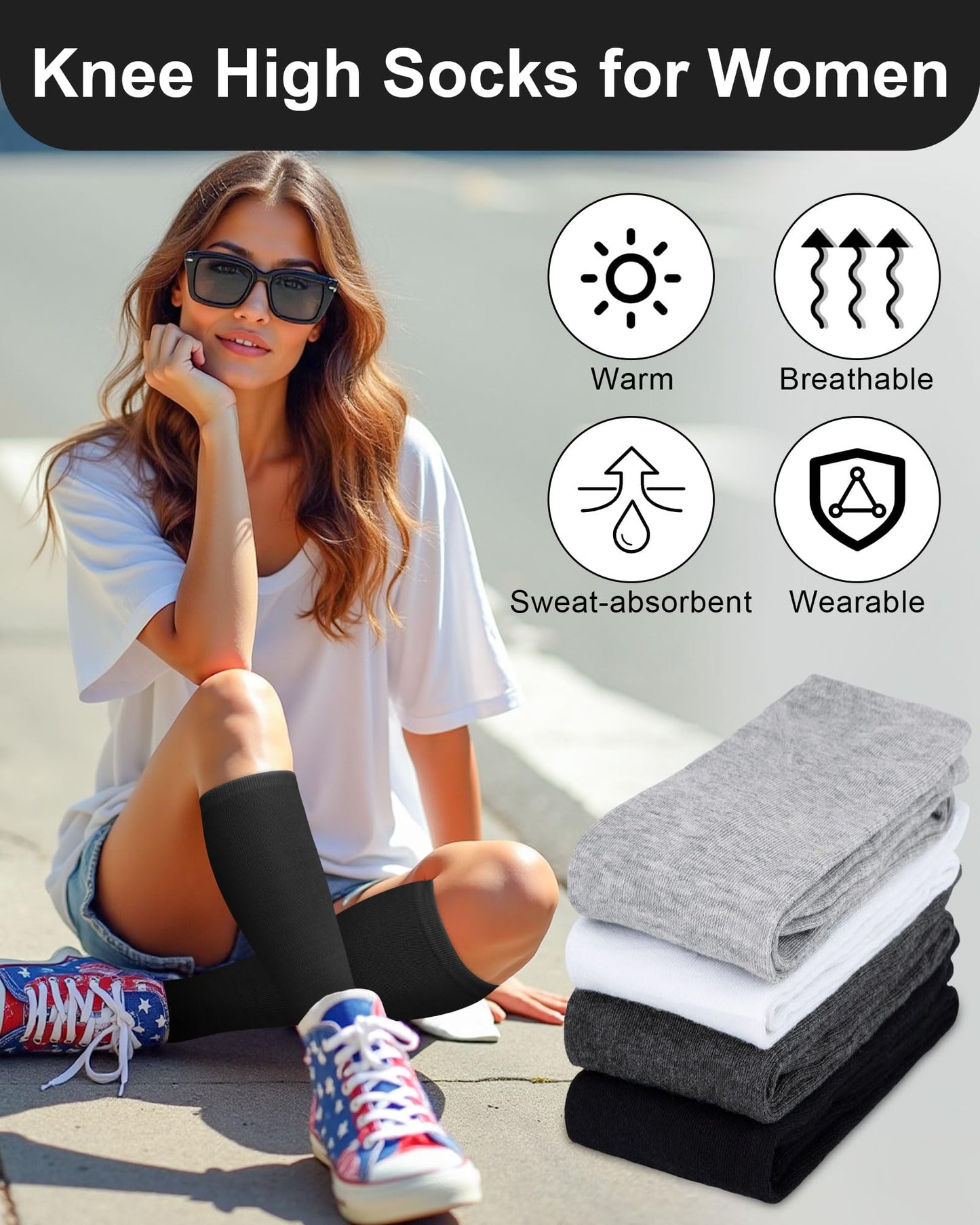 Senker Fashion Knee High Socks for Women, Cotton White Long Tube Sock Black Stockings Striped for Boot Outdoor Sport