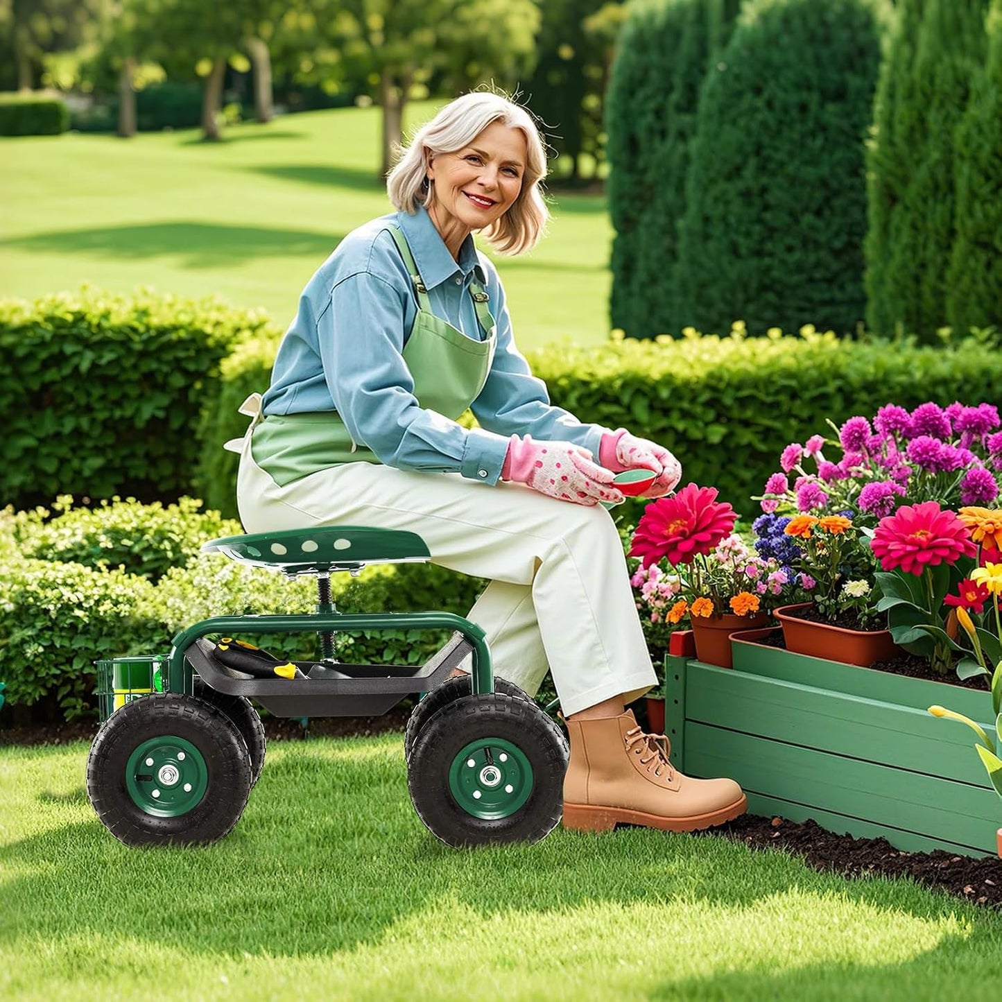 S AFSTAR Rolling Garden Cart, Wagon Scooter with 360° Swivel Seat, Storage Tray, Basket & Rubber Wheels, Heavy-Duty Gardening Tool Cart for Weeding, Patio & Yard (Green)