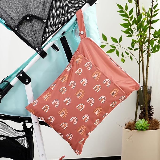 2pcs Wet Bags Waterproof Reusable Wet Dry Bag with Two Zippered Pockets Travel Beach Pool Daycare Yoga Gym Bag for Baby Cloth Diaper,Swimsuits,Wet Clothes (Circles & Arch Bridges)