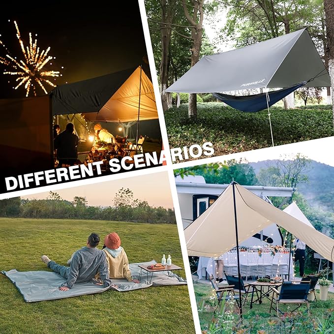 Puraville Camping Tarp Waterproof, Hammock Rain Fly Tent Tarp - 12 10 ft Rectangle Lightweight Camping Tarps, Portable Rain Fly for Camping Backpacking (Khaki)