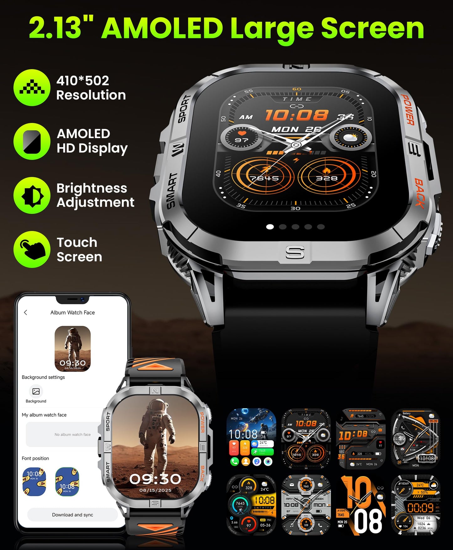Joautrial Military Smart Watch - GPS, 2.13" AMOLED, 3ATM Waterproof, Black, Extra Large, Model 1771d879-e962