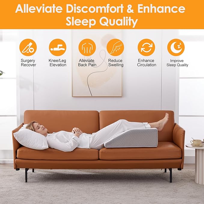 Leg Elevation Pillows for Sleeping, Memory Foam Wedge Pillow for Legs, Knee Wedge Pillow for After Surgery, Swelling, Back Pain and Circulation, Non-Slip Base, Removable Cover (8 Inch, White)