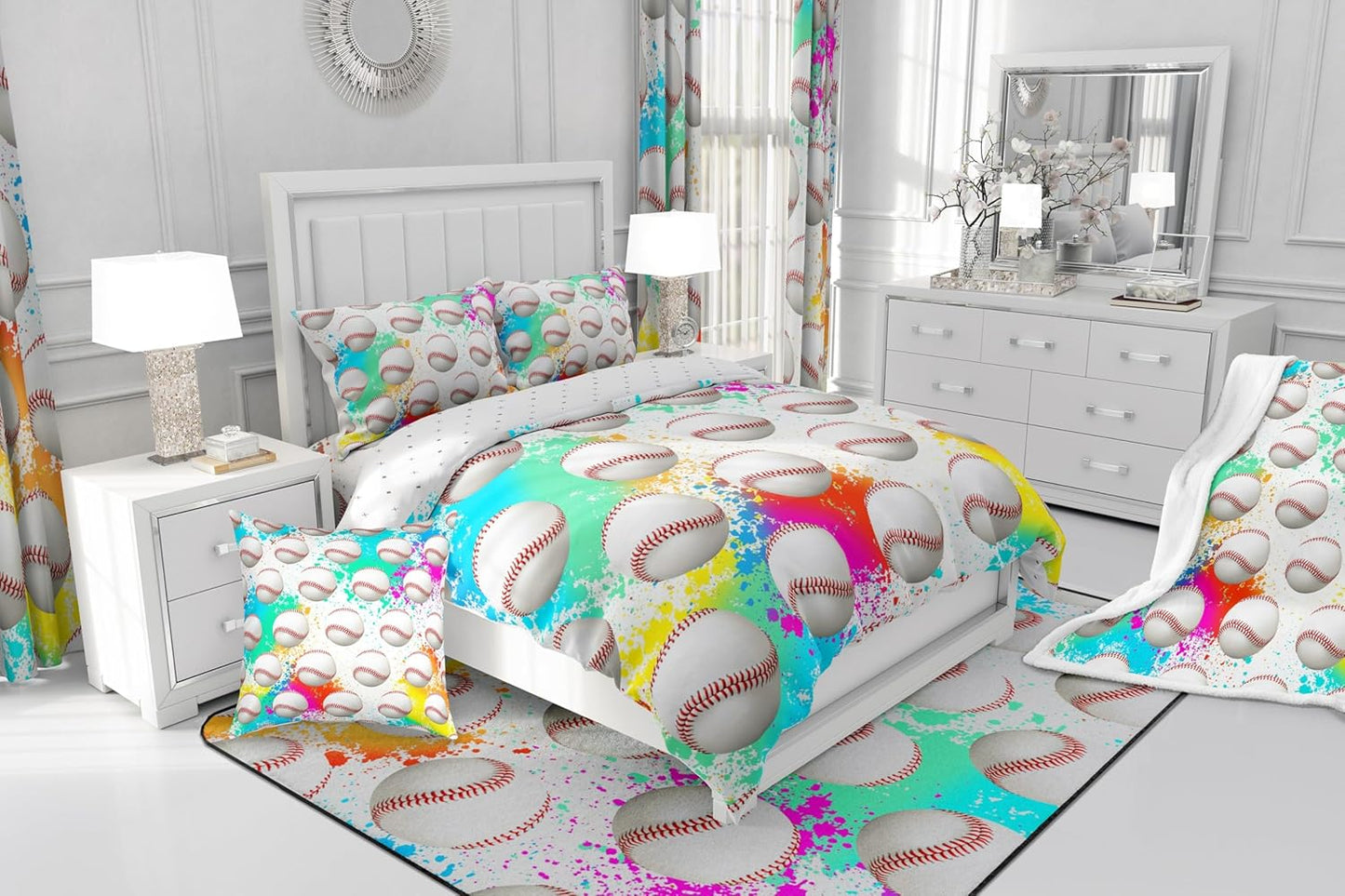 Feelyou Boys Baseball Polyester Bath Rug Ball Games Themed Soft Fleece Door Carpet for Kids Boys Girls Rainbow Graffiti Non Slip Bath Mat Ball Gaming Bathroom Floor Indoor Doormat,20x32 Inch