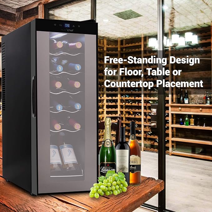 Nutrichef 12 Bottle Stainless Steel Slim Wine Fridge | Red & White Wine Chiller | Adjustable Temperature Control, Ultra Quiet Operation & Energy Efficient | Mini Wine Cooler Refrigerator 31x10x17 IN