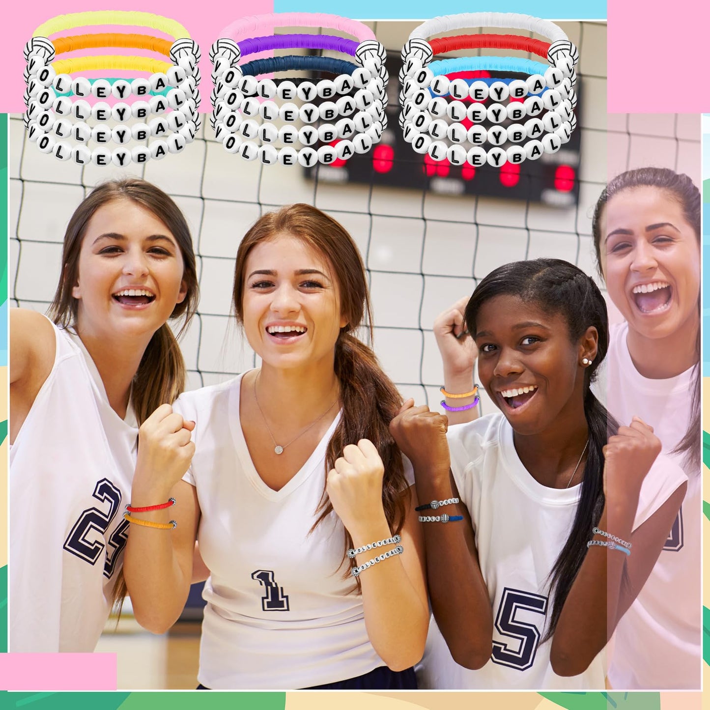 Trnayi 24 Pcs Volleyball Bracelets Volleyball Party Favors Charm Volleyball Bracelet Stackable Clay Beaded Bracelets for Volleyb