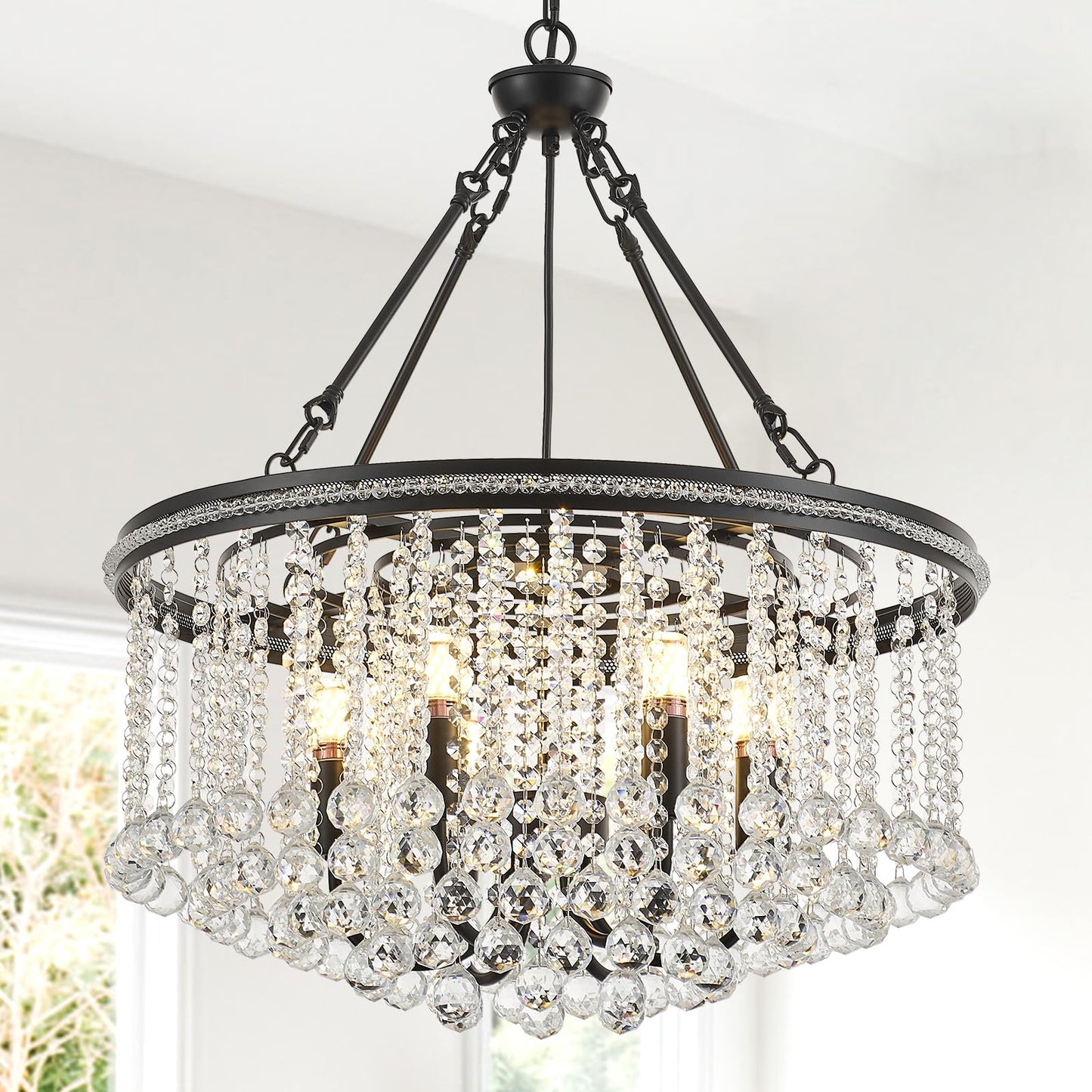 6-Light Black Crystal Chandelier Modern 21.6 Contemporary Round Pendant Chandeliers Crystal Ball stylish Ceiling Hanging Lighting For Living Dining Room Kitchen Island Bedroom Entryway Foyer