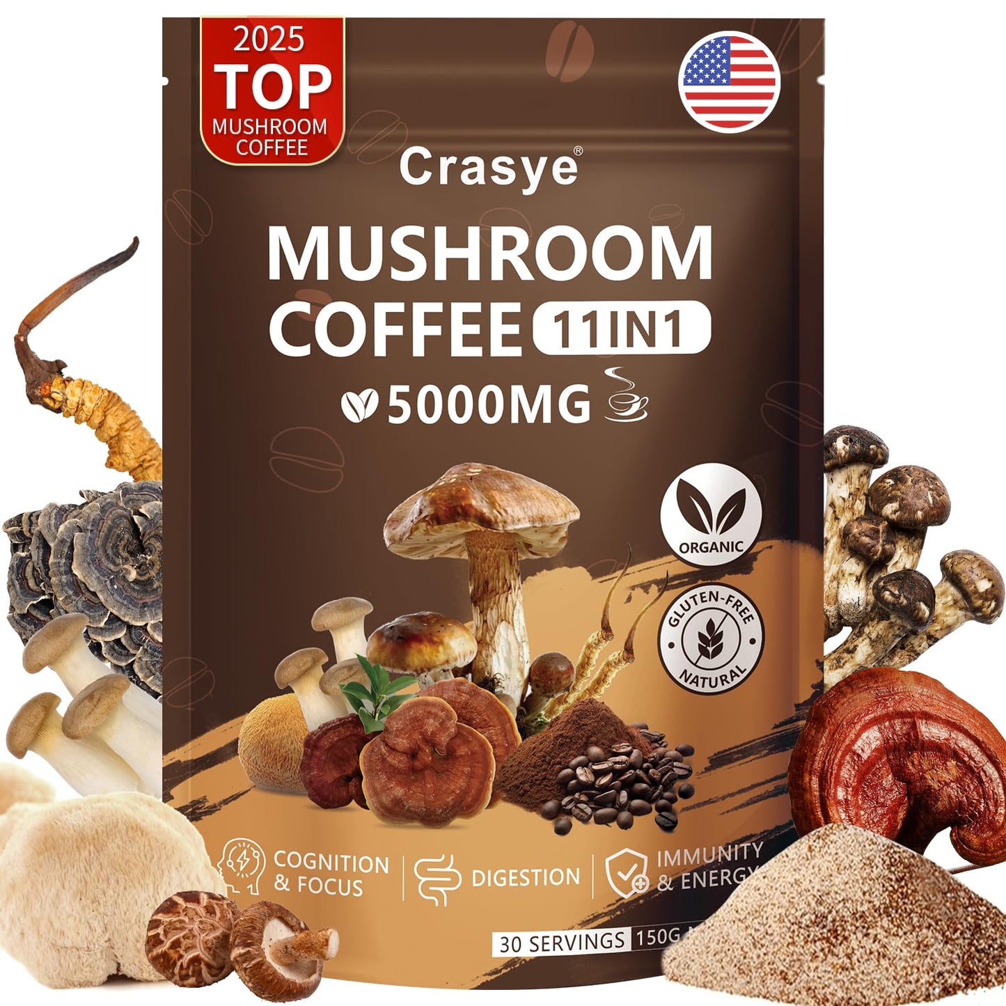 Organic Low Caffeine Mushroom Coffee 11 Superfood Instant Mushrooms Coffee with Ashwagandha  Shilajit  Lions Mane  Reishi  Chaga & Collagen Arabica Coffe Powder Ground for Focus  Energy  Digestion and Immunity 30 Servings Cafe De Hongos