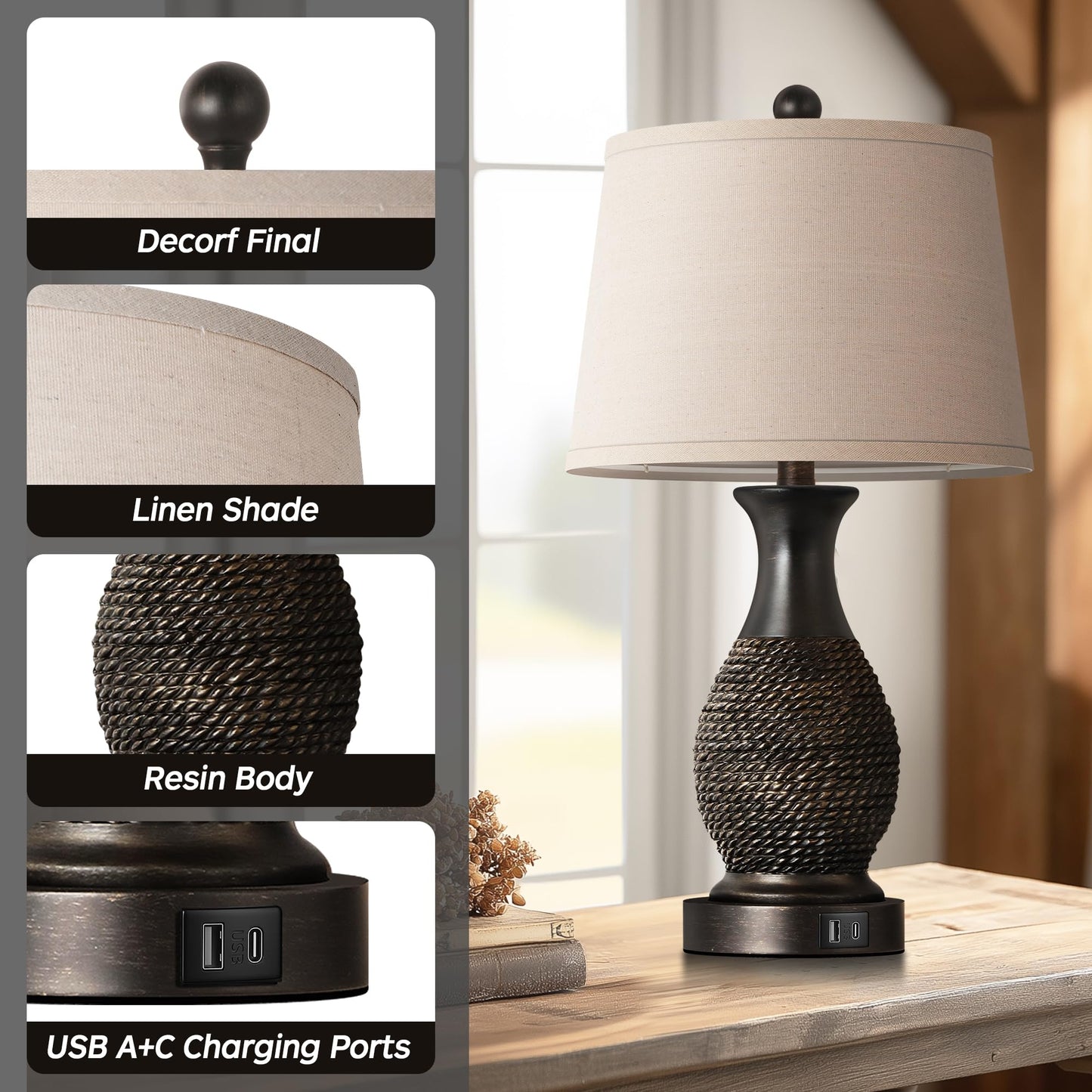 PARTPHONER Table Lamps Set of 2, Touch Control with USB C+A Ports, Linen Shade, 22.6in Black with Gold Accents, Model PALP367BB2