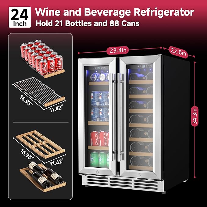24" Wine and Beverage Refrigerator, Dual Zone Wine Cooler with Glass Door, Hold 88 Cans and 21 Bottles, Built in or Freestanding Under Counter Wine Fridge with Blue LED Light.