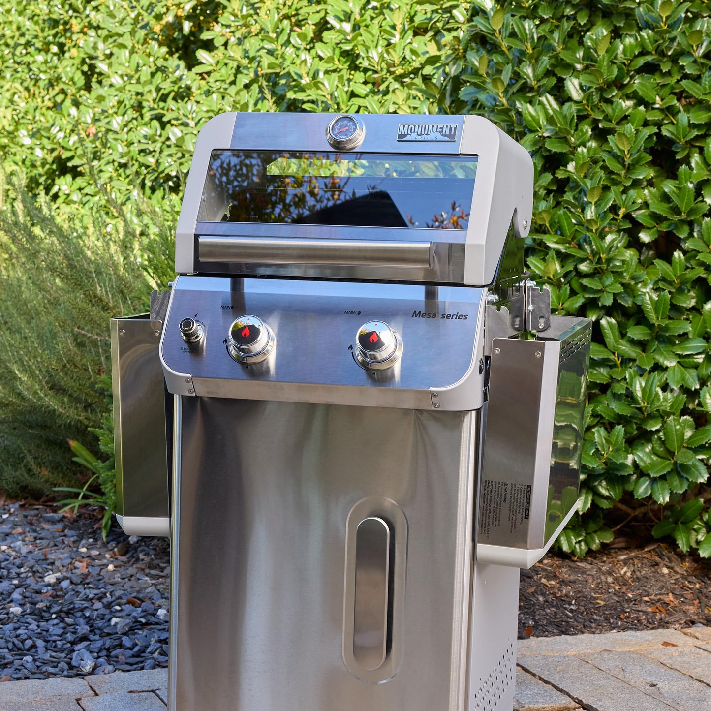 Monument Grills 2-Burner Stainless Steel Liquid Propane Gas Grill, Two Foldable Shelves Patio Garden Barbecue Grill with Clearview® Lid, Knob Control Mesa200S