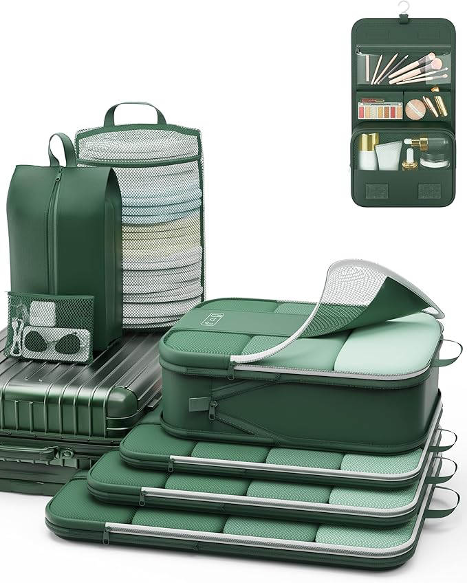8 Set Compression Packing Cubes for Travel Essentials,Compressible Expandable Packing Cubes for Suitcase,OlarHike Luggage Organizer Bags for Travel,Handy Helper for Organizing Clothes(Dark Green)