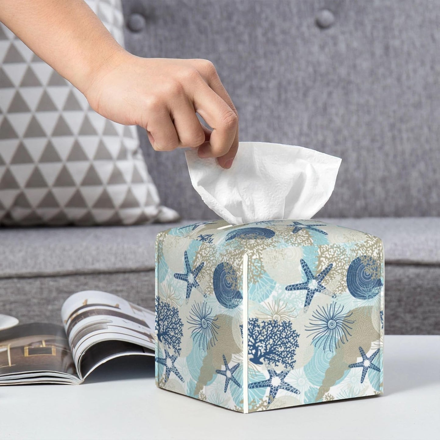 Tissue Box Holder Corals and Seashells Tissue Box Cover Square Leather Tissue Holder Organizer Portable Decorative Facial Paper Case for Home Office Bathroom Vanity Countertop