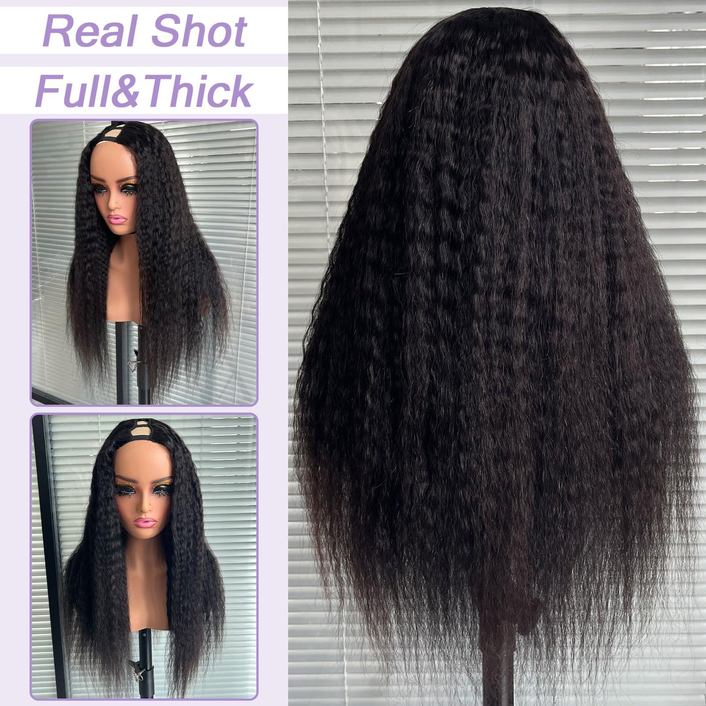 DSEKCAIN Kinky Straight V Part Wig Human Hair Glueless Clip In 100% Real Human Hair Yaki Straight V part Wigs No Glue No Sew In