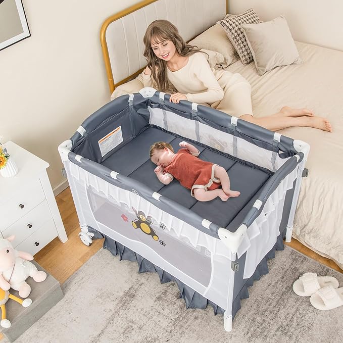 HONEY JOY 4-in-1 Pack and Play with Canopy, Portable Baby Playard w/Changing Table and Infant Bassinet Cute Toys & Music, Foldable Bassinet for Newborn and Toddler(Gray)