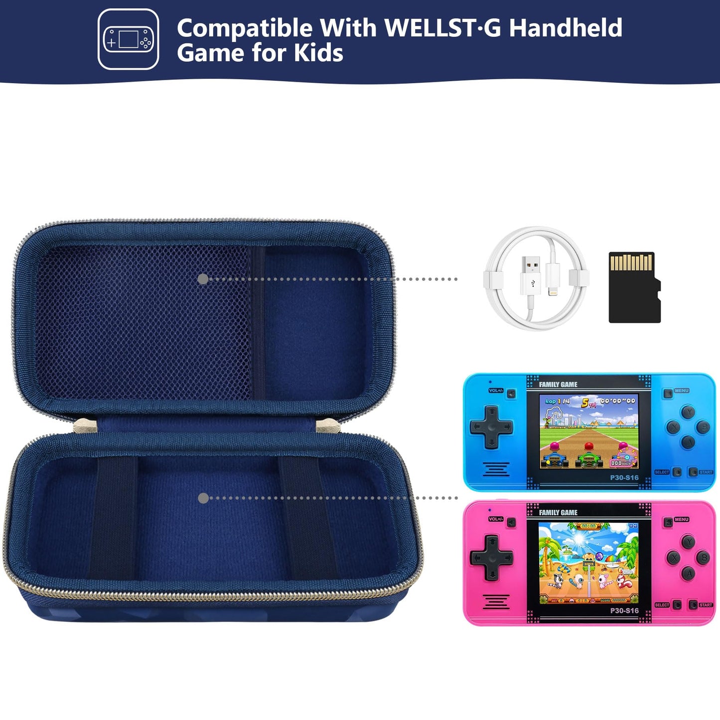 Supmay Carrying Case Compatible with WELLST·G Handheld Game for Kids -Preloaded 220 Retro Video Games, Portable Gaming Player Storage Holder Travel Bag with Mesh Pocket for USB Cable, Blue