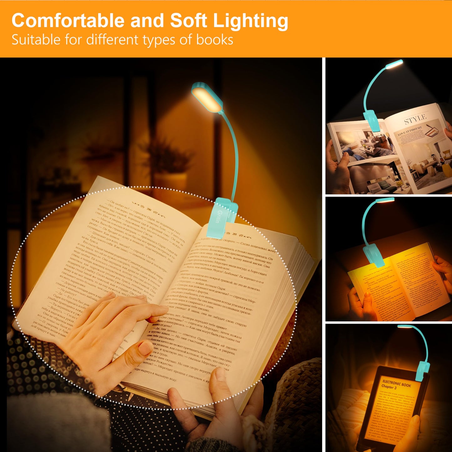 Gritin 16 LED Book Light - Rechargeable, 3 Color Temperatures, Stepless Dimming, Flexible Clip, Blue, Model G1331