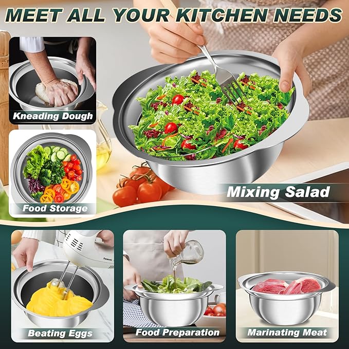 Stainless Steel Colander - 3Pcs Colander for Kitchen - Strainers and Colanders, Kitchen Presents, Food Strainer Basket with Handle for Veggie Wash, Fruits, Spaghetti, Pasta, 2QT, 2QT, 3QT Bowl