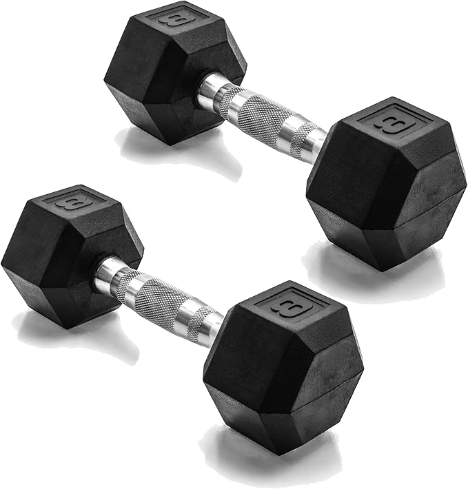 CAP Barbell 8 LB Rubber Coated Hex Dumbbell Hand Weight - Pair | Chrome Handle